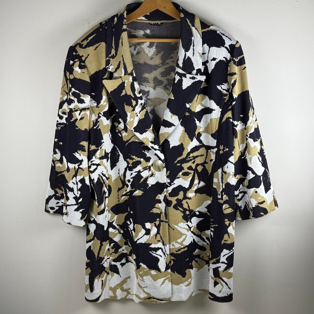 Misook Womens 1X Knit Jacket Abstract Floral Black Gold White Button Blazer
